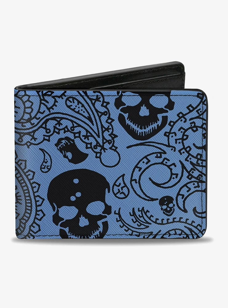 Bandana Skull Print Bifold Wallet Black Baby Blue