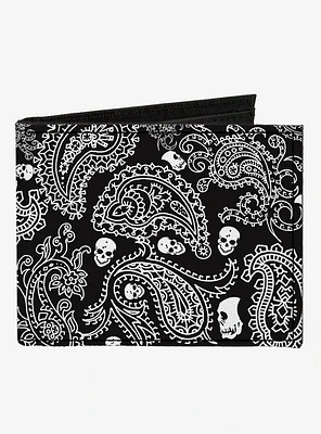 Bandana Skull Print Canvas Bifold Wallet White