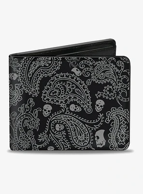 Bandana Skull Print Bifold Wallet Black Silver