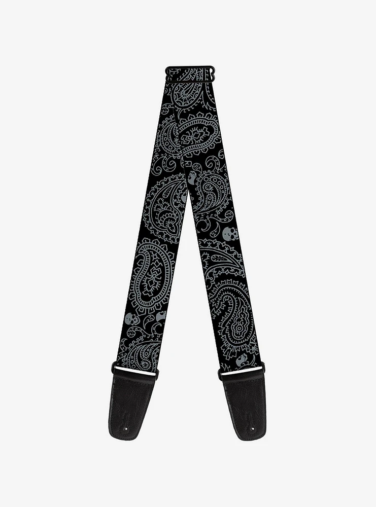 Bandana Skull Print Guitar Strap Black Silver