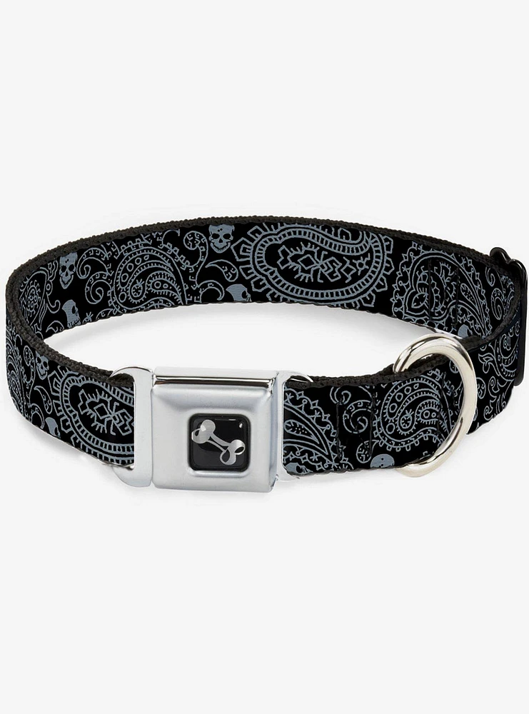 Bandana Skull Print Seatbelt Dog Collar Black Silver