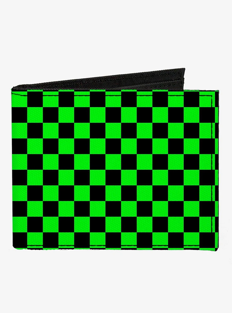 Checker Print Canvas Bifold Wallet Neon Green