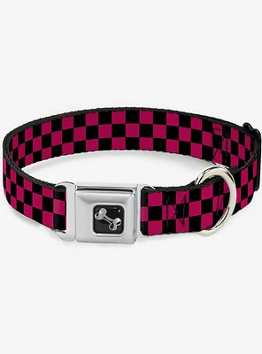 Checker Print Seatbelt Dog Collar Neon Pink