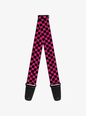 Distressed Checker Print Guitar Strap Neon Pink