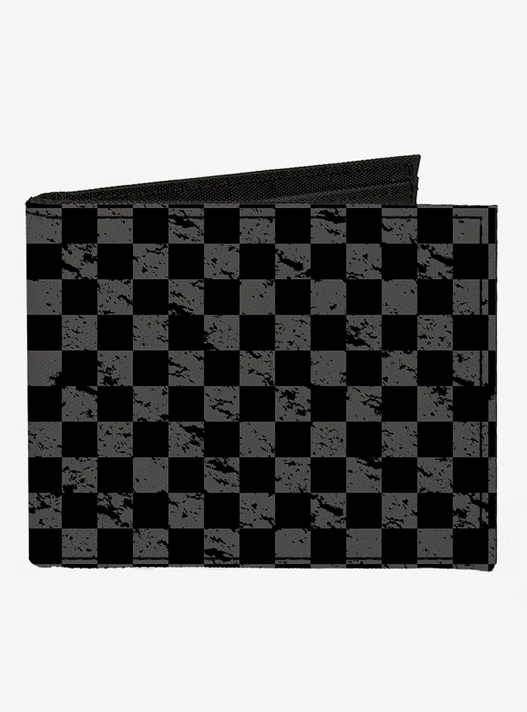 Distressed Checker Print Canvas Bifold Wallet Gray