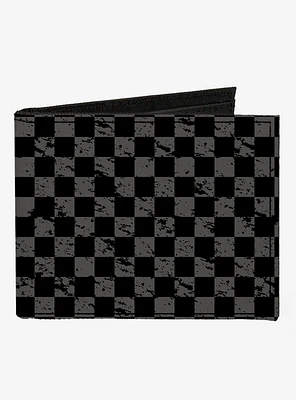 Distressed Checker Print Canvas Bifold Wallet Gray