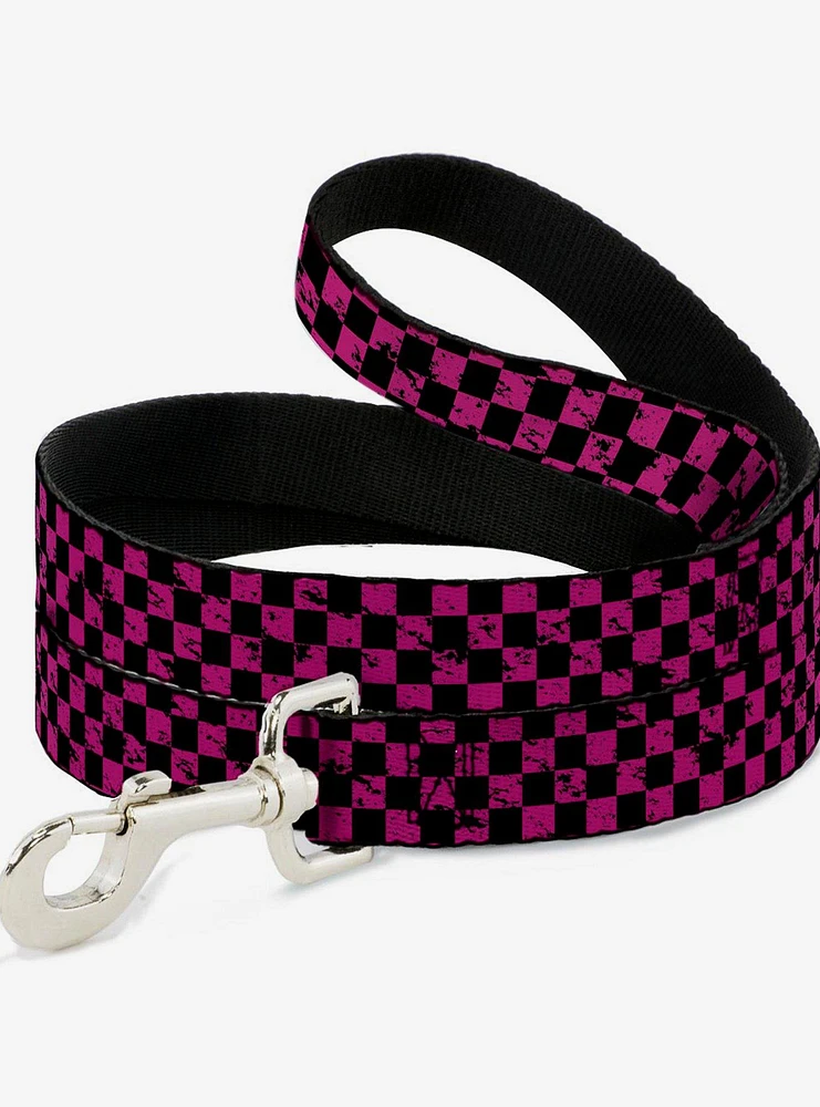 Distressed Checker Print Dog Leash Neon Pink