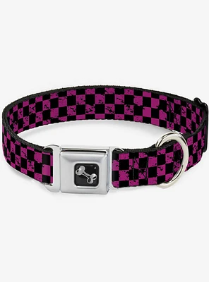 Distressed Checker Print Seatbelt Dog Collar Neon Pink