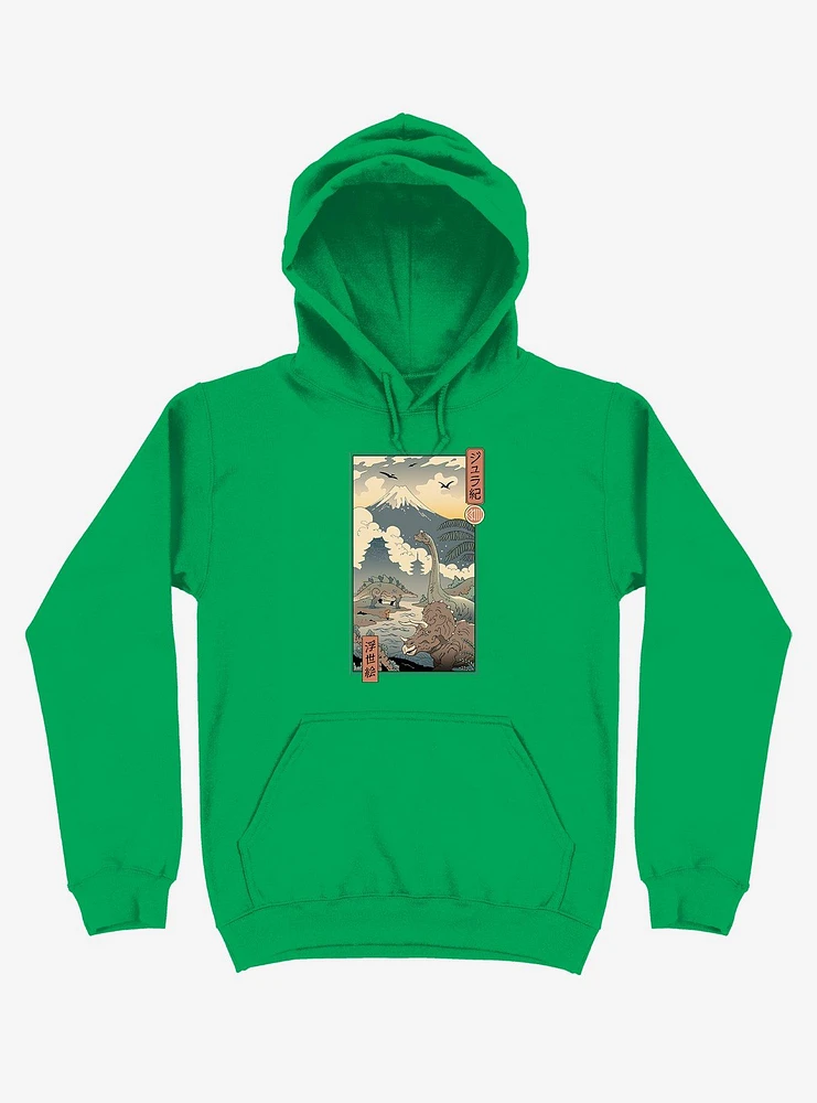 Dinosaurs Jurassic Ukiyo-e Kelly Green Hoodie