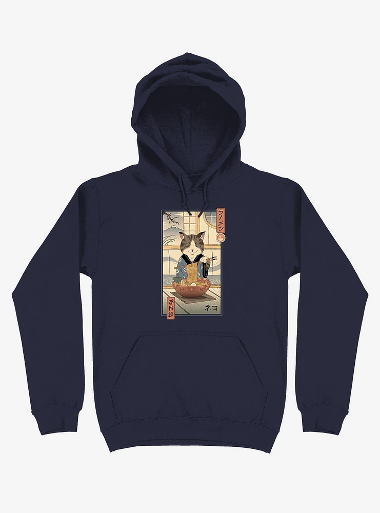 Cat Neko Ramen Ukiyo-e Navy Blue Hoodie