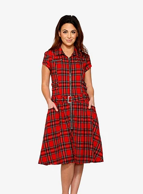 Red Plaid Zipper Bondage Midi Dress