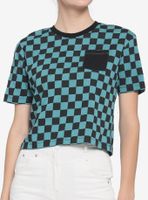 Teal & Black Checkered Boxy Girls Crop T-Shirt