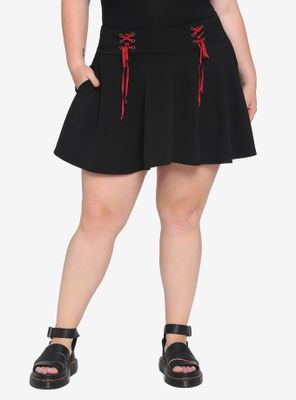 Black Double Red Lace-Up Skater Skirt Plus