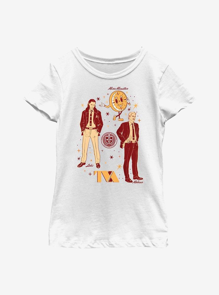 Marvel Loki With Mobius And Miss Minutes TVA Youth Girls T-Shirt