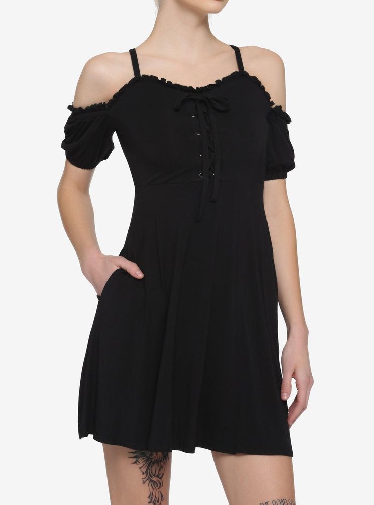 Black Lace-Up Cold Shoulder Puff Sleeve Dress