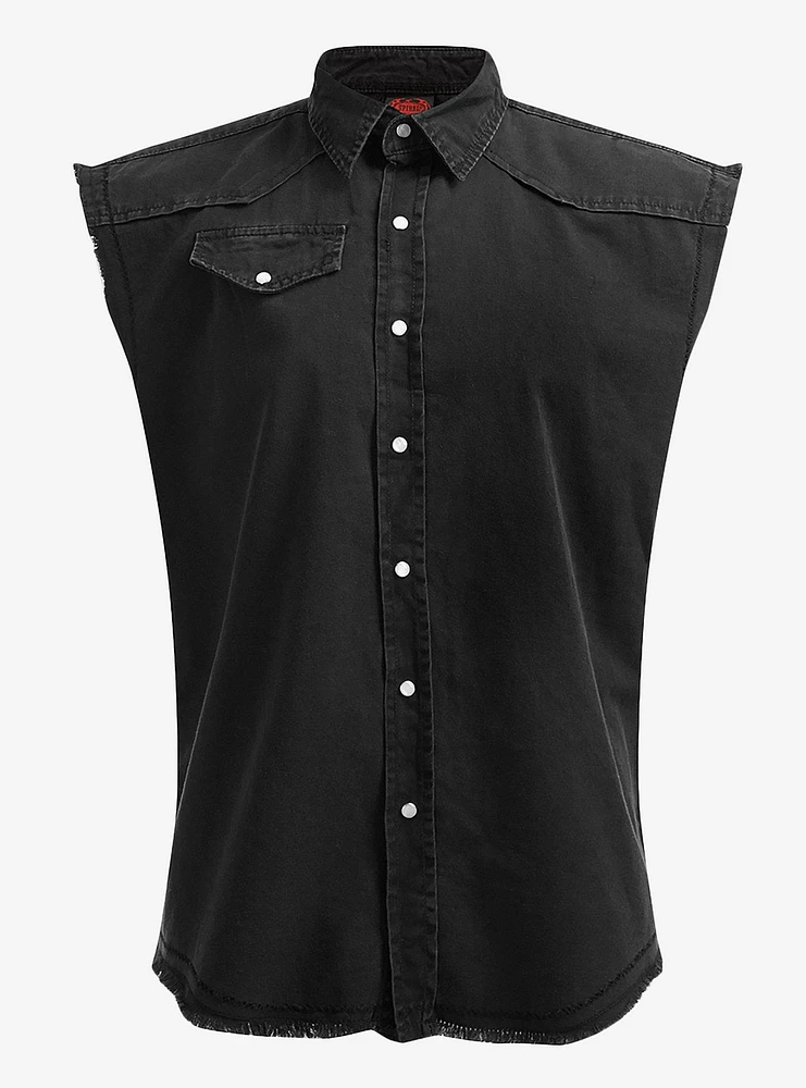 Black Sleeveless Woven Button-Up