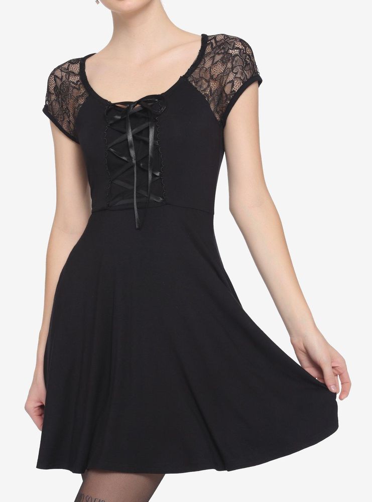 Black Corset Lace-Up Front Lace Sleeves Dress