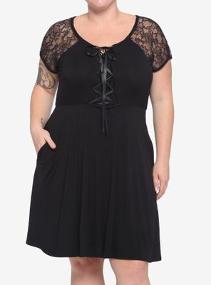 Black Corset Lace-Up Front Lace Sleeve Dress Plus