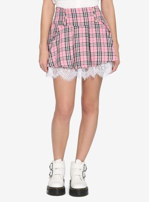 Pink Plaid Strawberry Lace Trim Skirt
