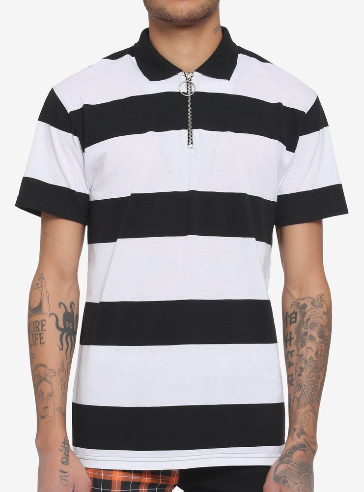Black & White Stripe Zipper Polo Shirt