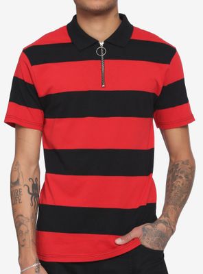 Hot Topic Red & Black Stripe O-Ring Zipper Polo Shirt | Bramalea City Centre