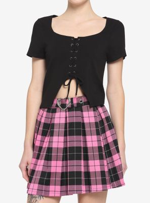 Black Lace-Up Cutout Girls Crop T-Shirt