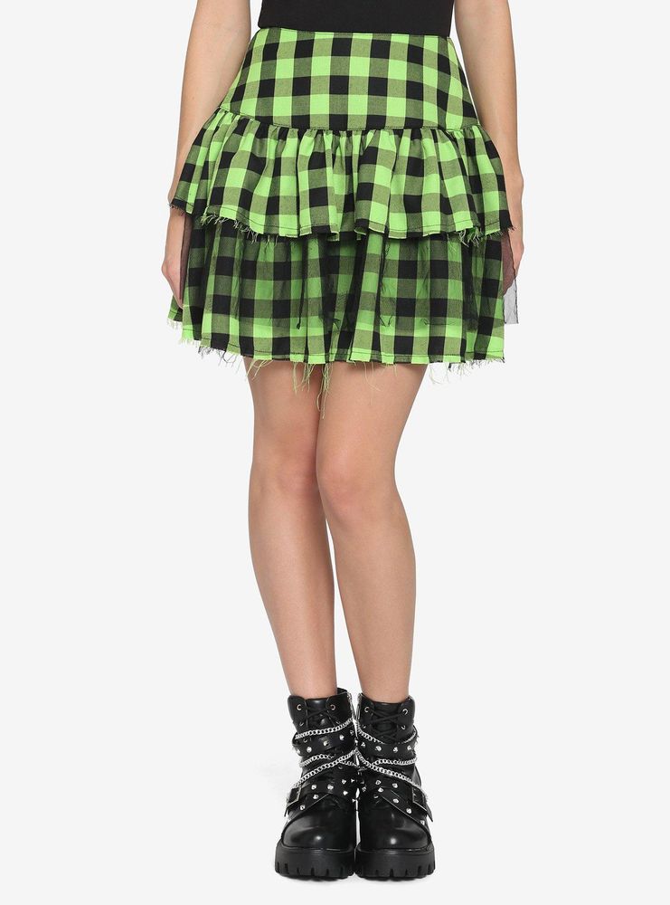 Green & Black Buffalo Plaid Layered Skirt