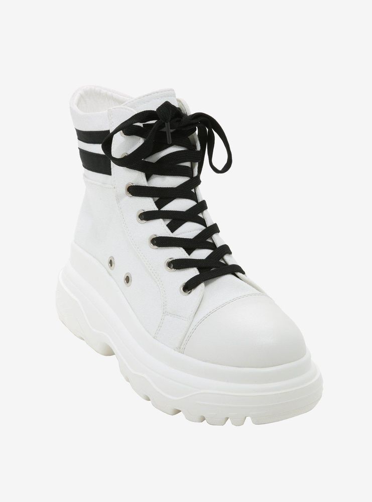 White & Black Varsity Stripe Chunky Hi-Top Sneakers