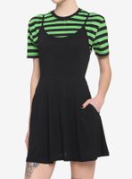 Black & Green Stripe Twofer Skater Dress