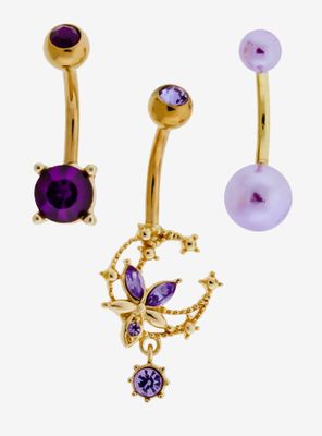 14G Steel Gold Floral Sparkle Moon Navel Barbell 3 Pack
