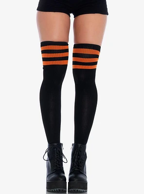 Black & Stripe Ribbed Athletic Thigh High Socks