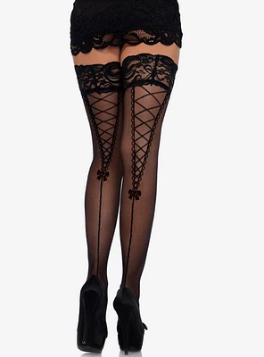 Black Faux Lace-Up Thigh Highs