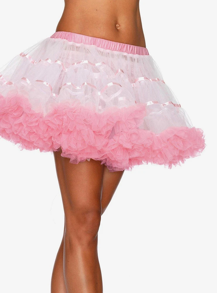 Layered Satin Striped Tulle Petticoat Skirt White/Pink