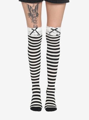 Black & Cream Stripe Lace Knee-High Socks