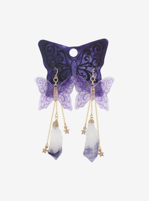 Purple Butterfly & Faux Crystal Drop Earrings