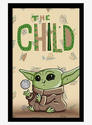 Star Wars The Mandalorian Child Illustration Framed Wood Wall Art