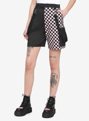 Black & Pink Split Checkered Suspender Shorts
