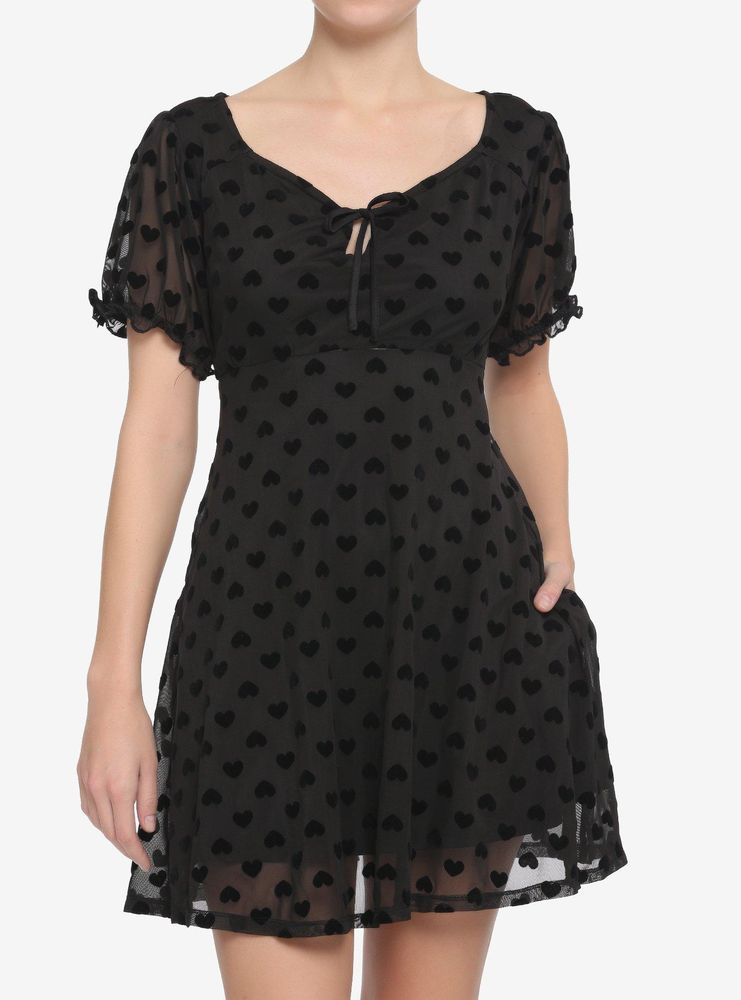 Black Flocked Heart Babydoll Dress