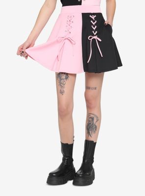 Black & Pink Split Lace-Up Skirt