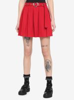 Red Heart Grommet Belt Pleated Skirt
