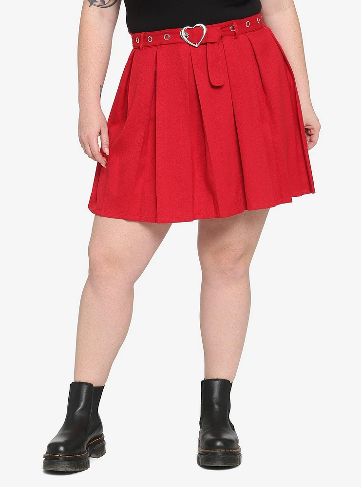 Red Heart Grommet Belt Pleated Skirt Plus