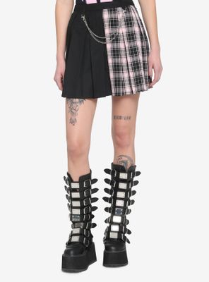 Black & Pink Plaid Split Chain Skirt