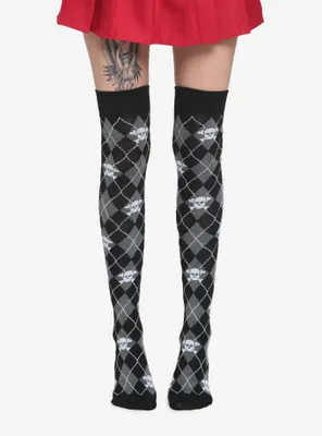 Skull Grey & Black Argyle Over-The-Knee Socks
