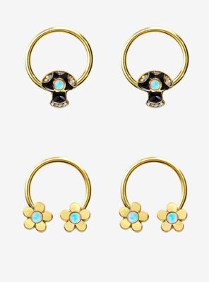 Steel Gold Flower & Mushroom Moonstone Circular Barbell Captive Hoop 4 Pack