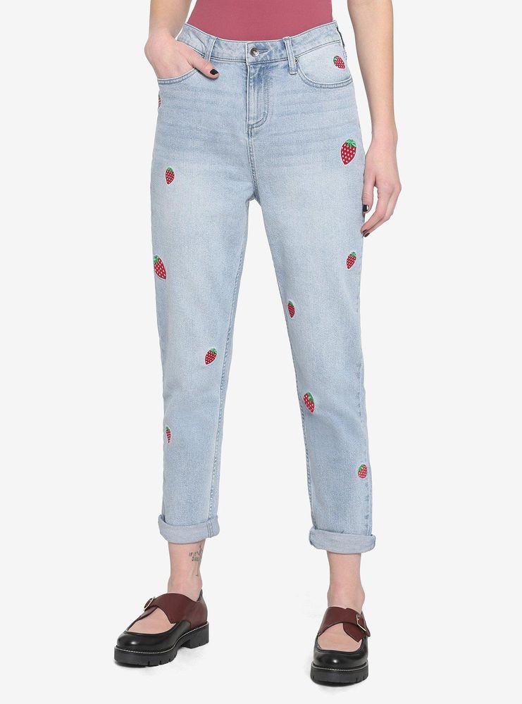 Strawberry Embroidered Mom Jeans