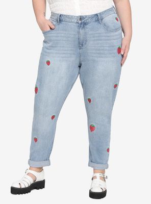 Strawberry Embroidered Mom Jeans Plus