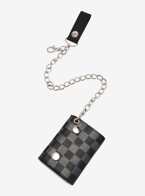 Black & Grey Checkered Trifold Chain Wallet