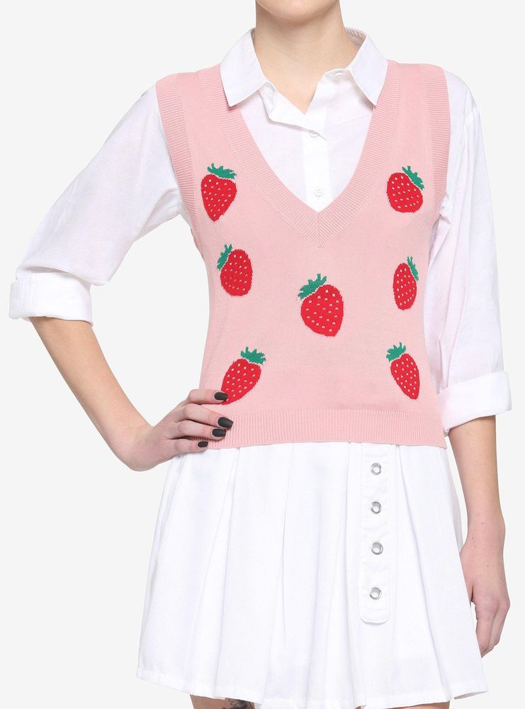 Pink Strawberry Girls Crop Sweater Vest