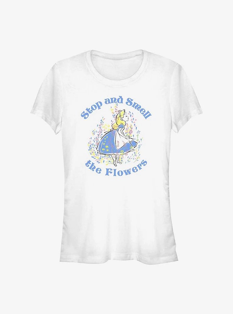 Disney Alice Wonderland Stop And Smell The Flowers Girls T-Shirt