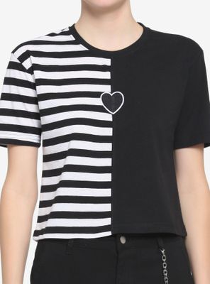 Black & White Stripe Split Girls Boxy Crop T-Shirt